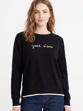 Rachel Zoe Black crew Neck Sweater long Sleeve Size Large Good Vibes EUC